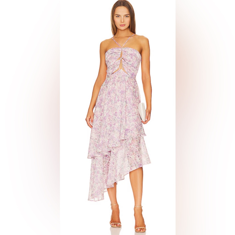 Elliatt Lavender Floral Asymmetric Halter Midi Dress